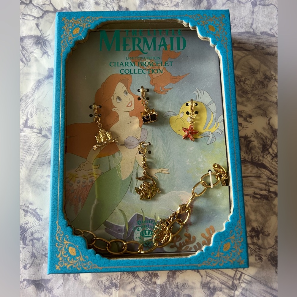 Rare HTF Disney Couture Ariel Book charm bracelet set gold